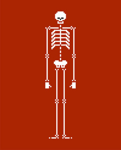 骨架像素艺术。 头骨和骨头8位。 矢量插图