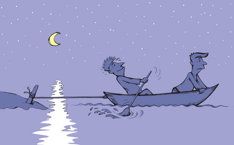 力量男性人物挣扎推桨皮艇孤立在河流背景上.