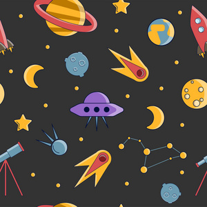 卡通平板儿童空间与宇宙科学无缝模式。行星, 火箭, 星星和其他空间元素在简单可爱的矢量背景儿童。儿童科学与空间的好奇心观念