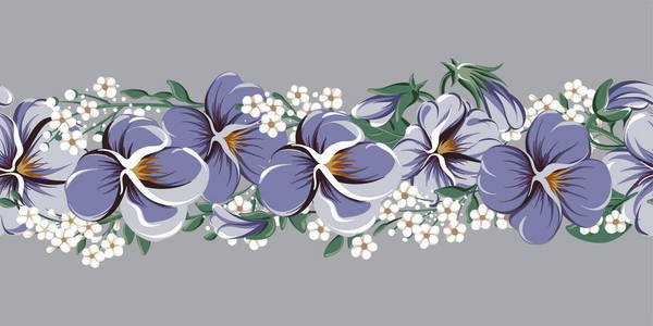 矢量无缝手绘边框与紫罗兰叶和紫罗兰花