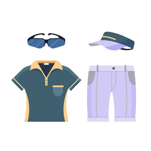 高尔夫制服套装图标在白色背景下被隔绝, 高尔夫球的平的元素例如眼镜衬衣短裤和盖帽高尔夫设备矢量例证