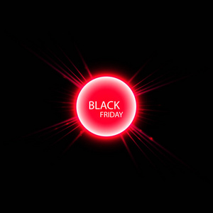 黑色星期五销售海报或横幅。在黑色的抽象背景下, 有红光效果的泛彩圆圈。设计购物模板