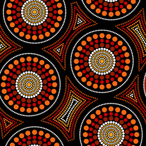 澳大利亚原住民无缝矢量图案，彩色虚线圆圈和弯曲方格。