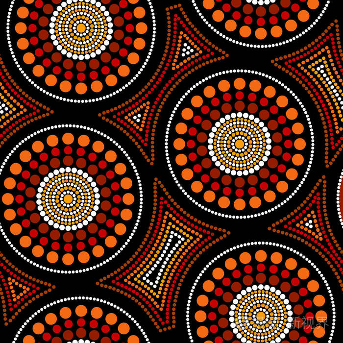 插画 澳大利亚原住民无缝矢量图案,彩色虚线圆圈和弯曲方格.eps