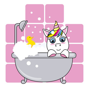 婴儿淋浴卡。浴室里粉色背景的可爱独角兽