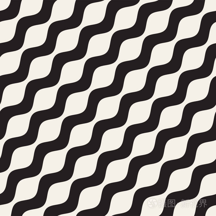 矢量无缝黑白波浪纹图案.抽象几何简单背景设计.