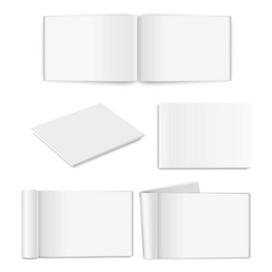 矢量逼真的空纸闭合打开 A4 水平杂志, 书, 目录或小册子与滚动的白纸页, 被转动的板料图标设置特写在白色背景。设计模板