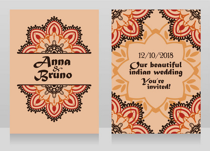 两个横幅印度风格婚礼与圆曼达拉装饰矢量插图。