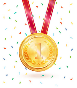 红丝带第一名闪亮金牌与副本空间在白色背景上的闪亮红丝带.