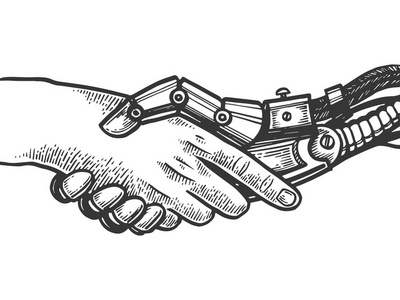 机械人机器人握手雕刻矢量图。刮板风格模仿。黑白手绘图像
