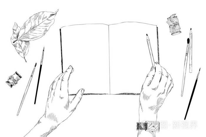 矢量插图一只手躺在笔记本的顶端另一方面拿着一支铅笔正在记笔记丝带