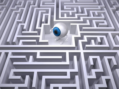 迷宫迷宫内的蓝色眼球三维插图图片