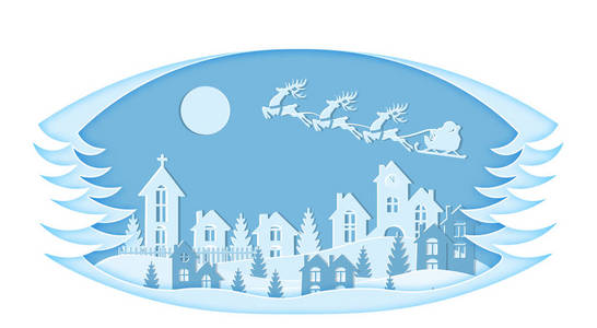 新年。圣诞节。程式化的框架。圣诞老人和鹿的形象。雪, 月亮, 树, 房子, 教堂, 圣诞树。风景是从蓝色的纸上剪下来的。插图