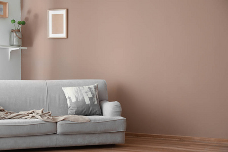客厅靠近彩色墙壁的舒适沙发