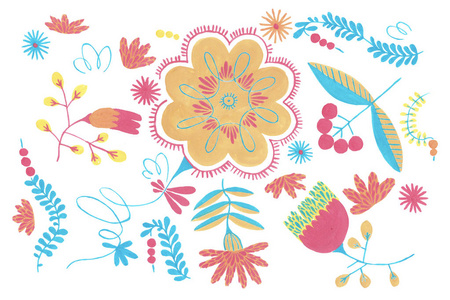 乡村花卉艺术水粉插图的草药花装饰。 带有时尚原始乡村设计的装饰性民族图案。