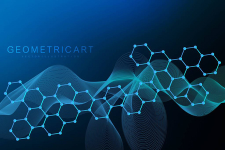 科学六角型的现代未来主义背景。虚拟抽象背景与微粒, 分子结构为医学, 技术, 化学, 科学。社会网络载体