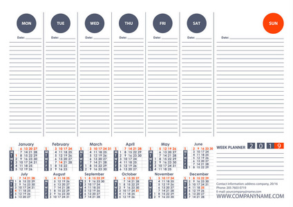 日历2019周计划矢量设计模板。 一周从星期一开始，供办公室或私人使用。