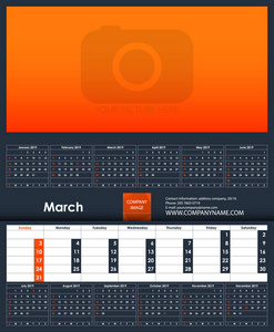 2019年日历模板。 前进。 你照片的地方。 商业规划师模板。 文具设计。 星期从星期天开始。 页面上有一个大月，全年都是小月。