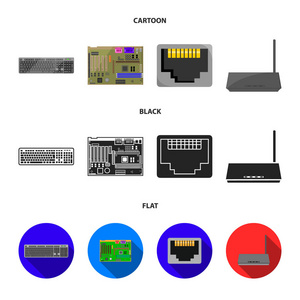 键盘路由器主板和连接器。个人计算机集合图标在卡通, 黑色, 平面式矢量符号股票插画网站