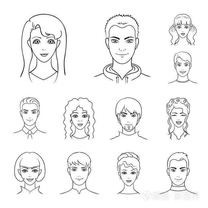 头像和脸轮廓图标在集合中设计.一个人的外貌矢量符号股票 web 插图