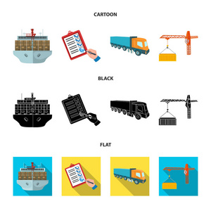 海运运费, 签收单据, 卡车, 塔式起重机用集装箱。物流和配送集合图标在卡通, 黑色, 扁平式等距矢量符号股票插图