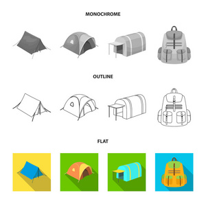 背包和其他类型的帐篷。帐篷集合图标在平面, 轮廓, 单色风格矢量符号股票插画网站