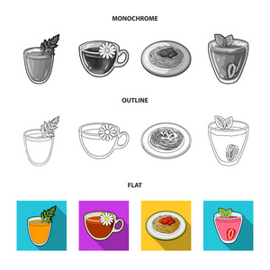 胡萝卜汁在玻璃杯里, 菊花茶在杯子里, 粥放在盘子上, 草莓汁放在玻璃杯里用叶子。素食菜肴集合图标在平面, 轮廓, 单色矢量符号