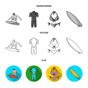 冲浪, 潜水衣, 比基尼, 冲浪板。冲浪集图标在平面轮廓单色矢量符号股票插画网站