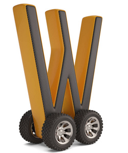 字母w与车轮隔离在白色背景3D插图。