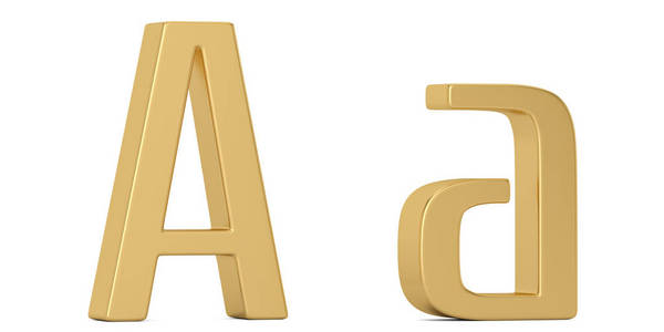 金色金属字母在白色背景3D插图上隔离。