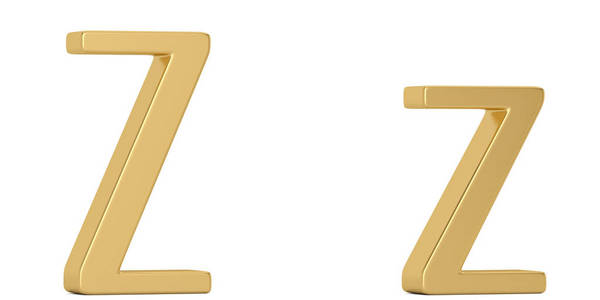 黄金金属z字母表隔离在白色背景3D插图。