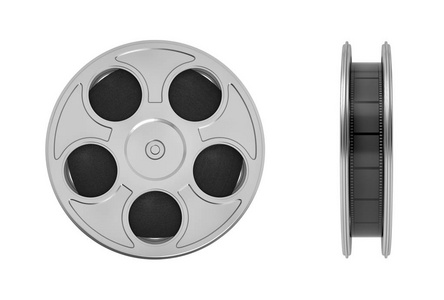 3d 渲染电影卷轴与大量的电影, 在一个白色背景的正面和侧面拍摄的视频紧密内