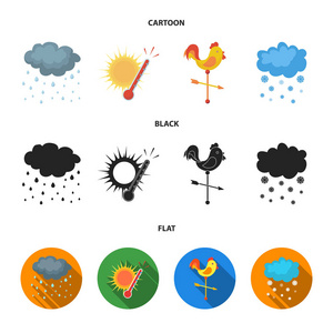 雨, 雪, 热, 风向标。天气集合图标在卡通, 黑色, 平面式矢量符号股票插画网站