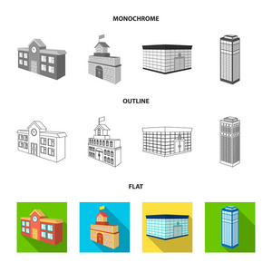 银行办公，摩天大楼，市政厅大楼，大学大楼..建筑和结构集合图标在平面，轮廓，单色风格矢量符号股票插图。