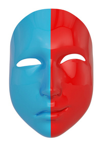 红色和蓝色面具阴阳面具黑色背景。3D示例。
