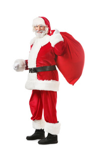 圣诞老人的肖像，白色背景上装满礼物的袋子