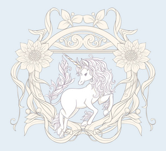 独角兽和梦幻般的复古花卉.矢量插图照片