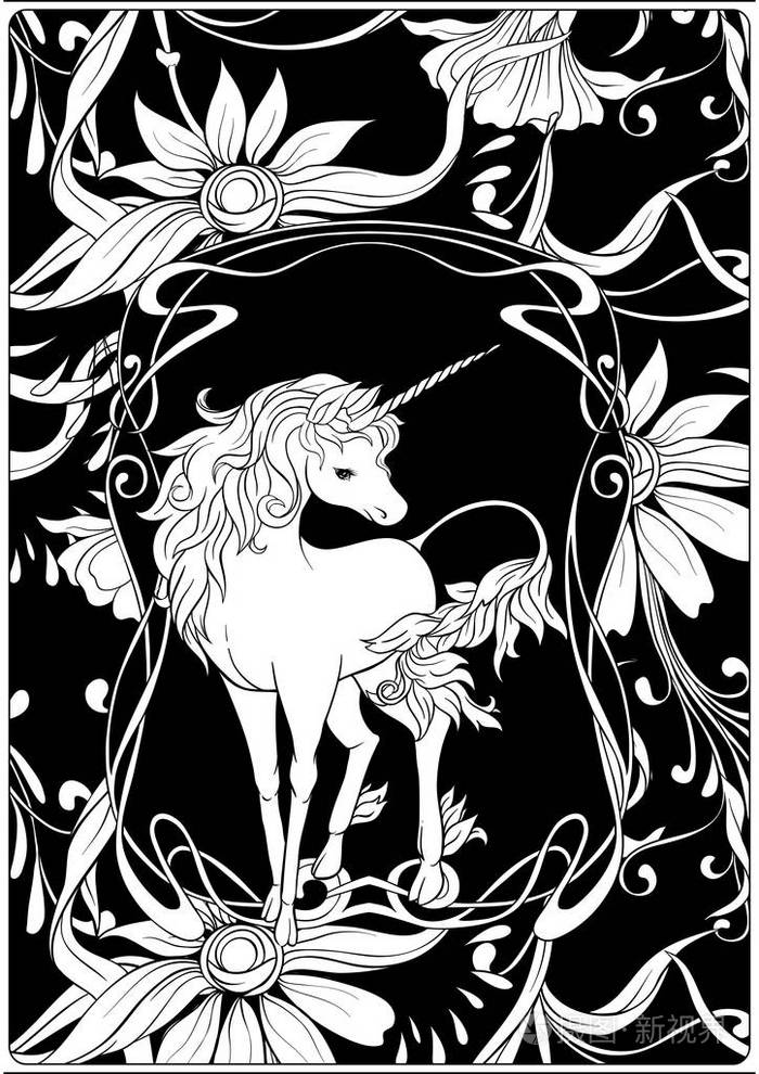 独角兽和神奇的老式花. 矢量图. 在新艺术风格,老式复古风格.