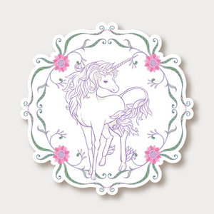 贴纸与可爱的卡瓦伊独角兽与复古框架和花在艺术新风格,复古风格.