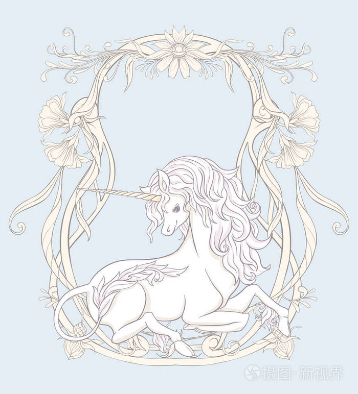 独角兽和梦幻般的复古花卉矢量插图
