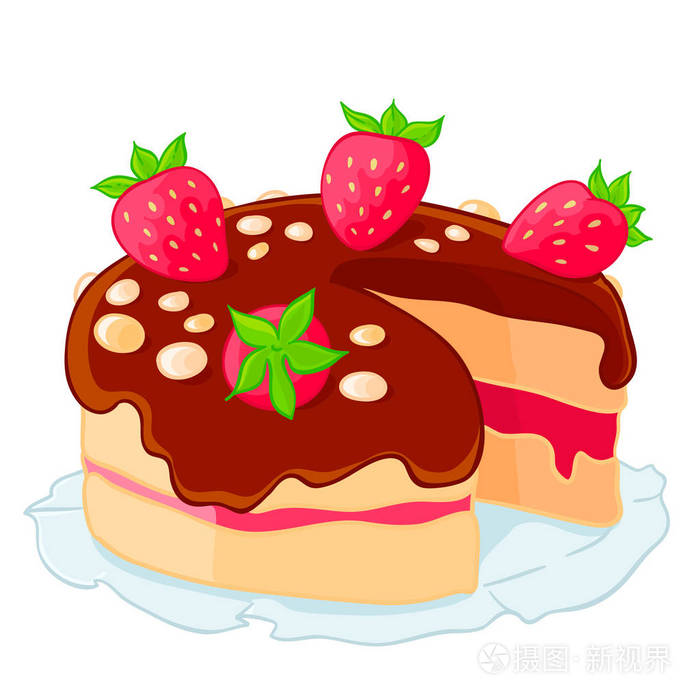 卡通图标用草莓和巧克力切割海绵蛋糕一块甜点矢量插图隔离在白色上