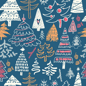 有趣的涂鸦圣诞松树无缝图案。 手工儿童绘制草图。 冬天的树木纺织包装纸