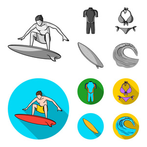 冲浪, 潜水衣, 比基尼, 冲浪板。冲浪集图标单色, 平面式矢量符号股票插画网站