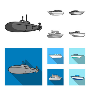 军用潜艇, 快艇, 游艇和精神船船舶和水运集合图标在单色, 平面式矢量符号股票插画网站