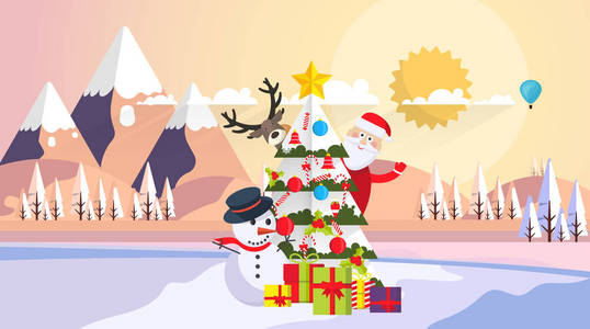 手工绘制的圣诞树和雪人