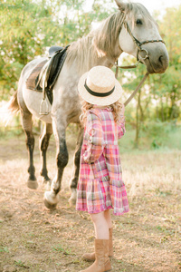 一个漂亮的小女孩，穿着一件老式的格子连衣裙，戴着一顶草帽和一匹灰色的马，有着浅卷发。 秋天的农村生活。 马和人