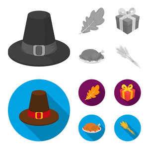 一个朝圣者的帽子, 橡树叶, 礼物在一个盒子里, 炸火鸡。加拿大感恩节集收藏图标单色, 平面矢量符号股票插画网站