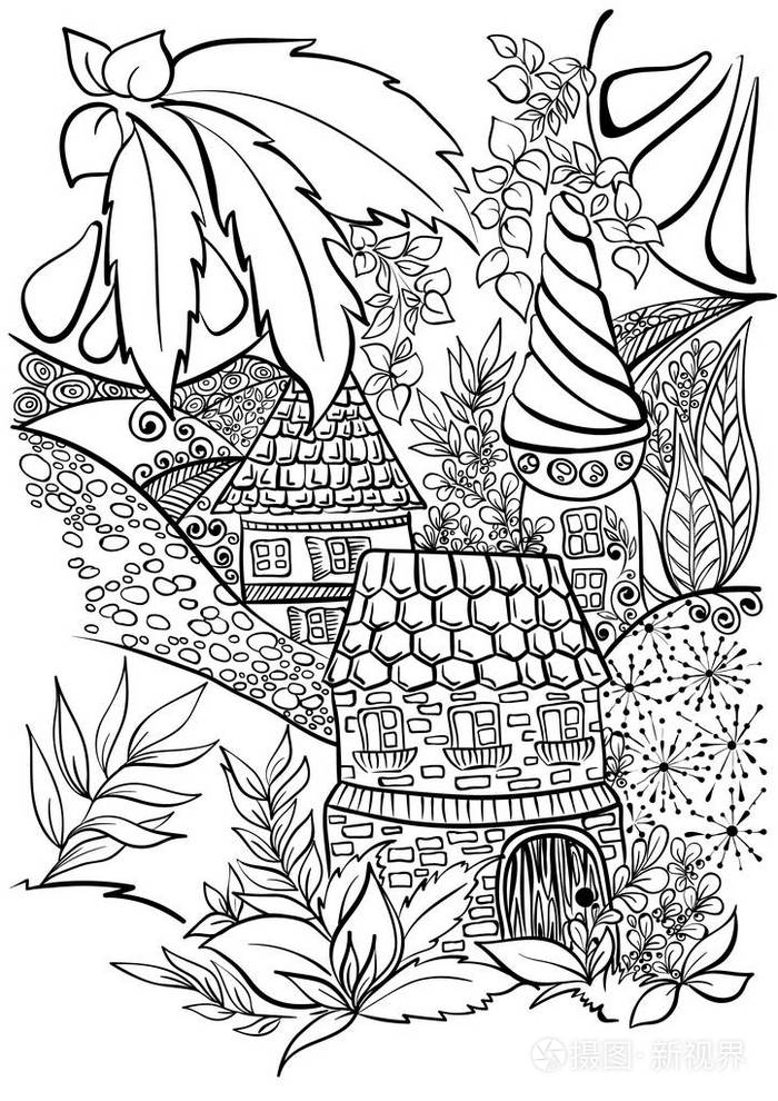 着色书的图案手绘成年人黑白的森林树叶子矢量插图在zentangle风格