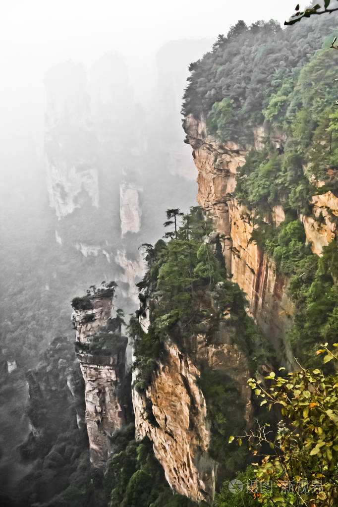 雾中的岩石悬崖峭壁中国张家界国家森林公园