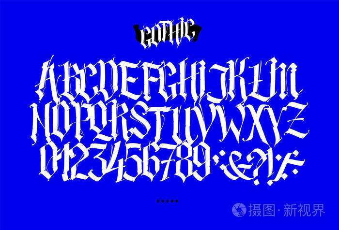 哥特式风格的完整拉丁字母矢量蓝色背景上的字母和符号书法和刻字